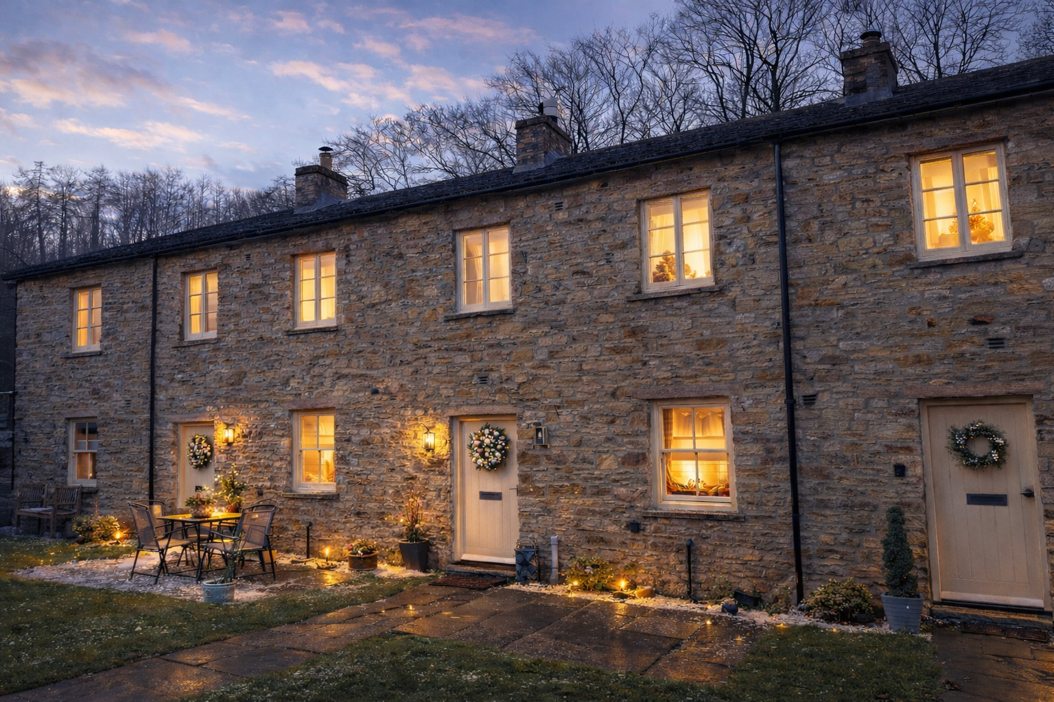 Stone-built cottage terrace at winter dusk, with warm-lit windows, wreaths on pale doors, wall lanterns, patio furniture and frost under a pink-streaked sky