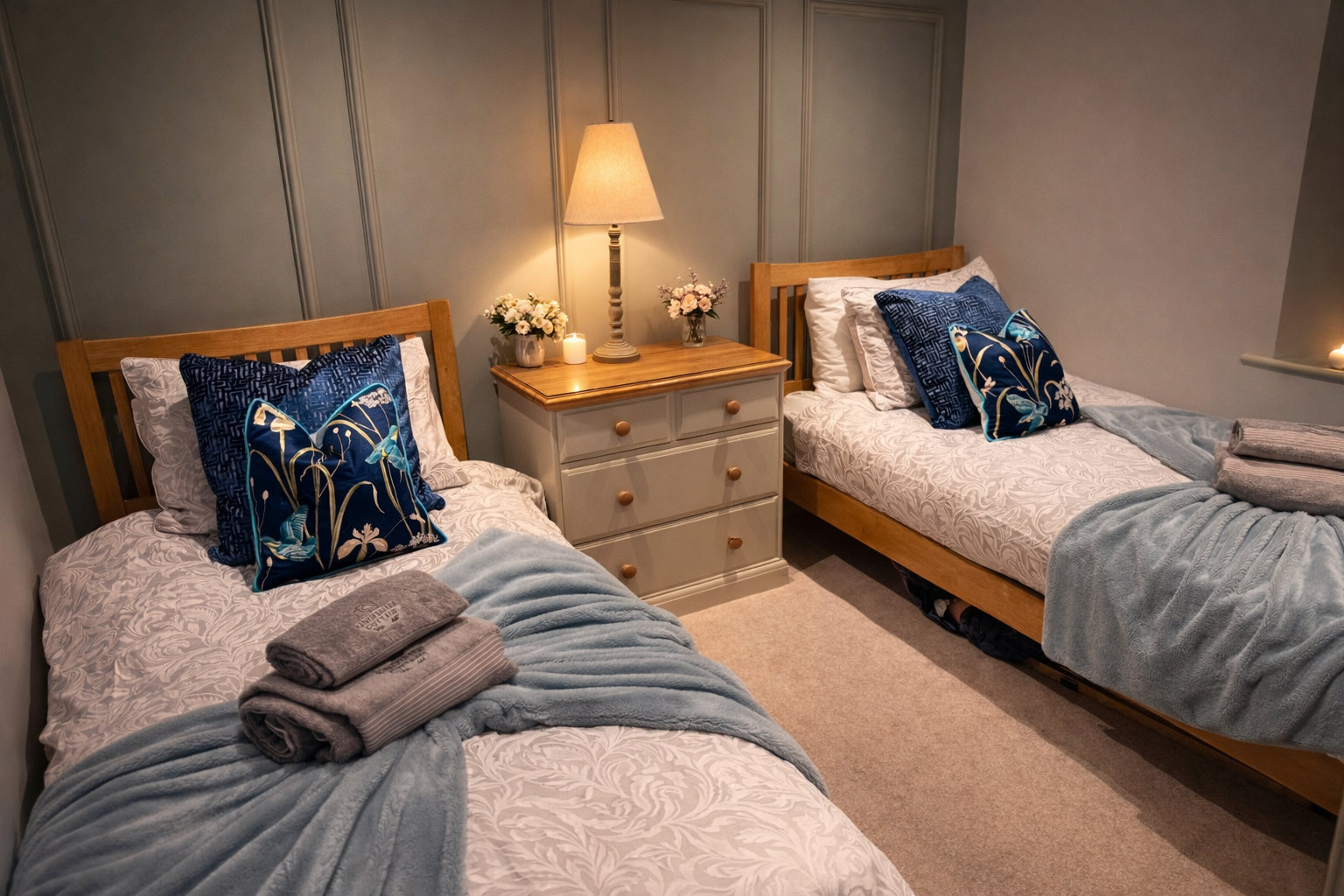 Twin bedroom with two wooden single beds, grey throws, blue floral cushions, a chest of drawers and a glowing bedside lamp