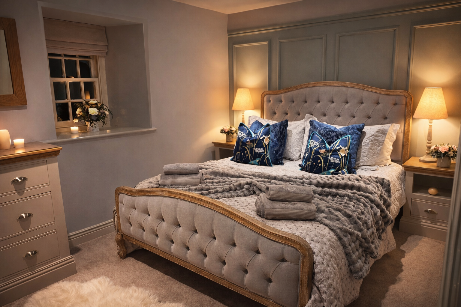 Double bedroom with a buttoned upholstered bed, grey knitted bedding, blue floral cushions, matching bedside tables and warm lamps