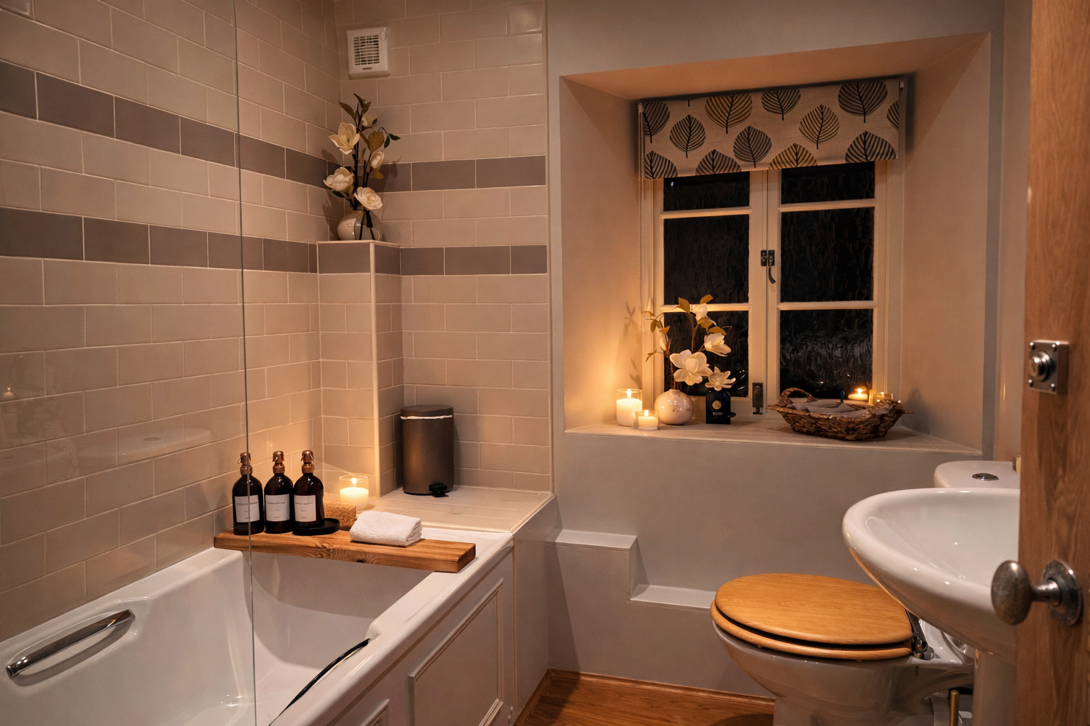 Small tiled bathroom with a white bath and glass screen, a wooden bath board with three amber bottles, a wooden-seated WC, basin, candles and a leaf-print blind