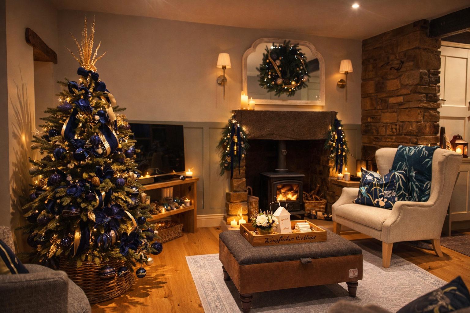 Christmas-decorated lounge with a lit tree, glowing wood-burning stove, garlanded stone fireplace, armchair, television and footstool tray